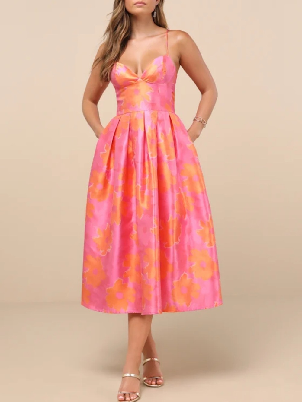 NWT - Lulus Orange and Pink Vivinna Floral Jacquard Pleated Midi Dress
